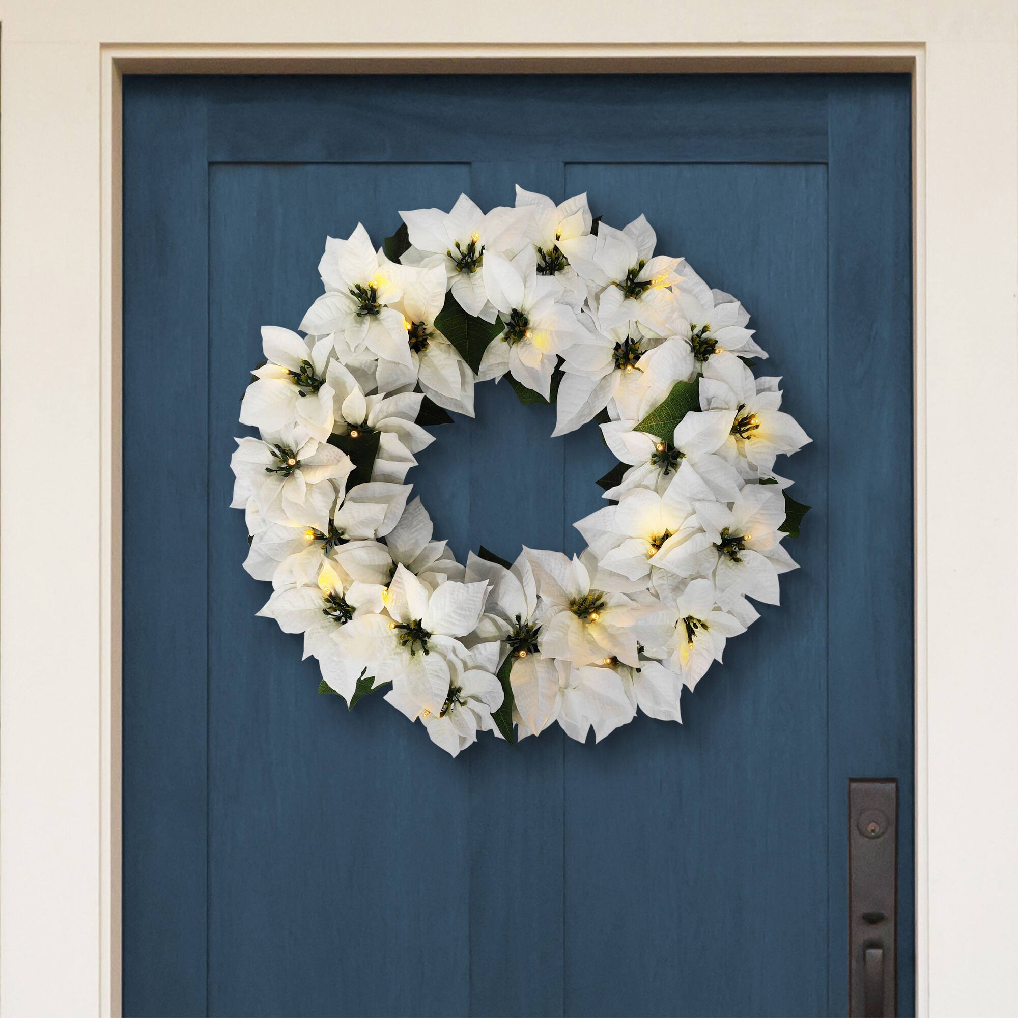 24" Pre-Lit White Poinsettia Artificial Wreath